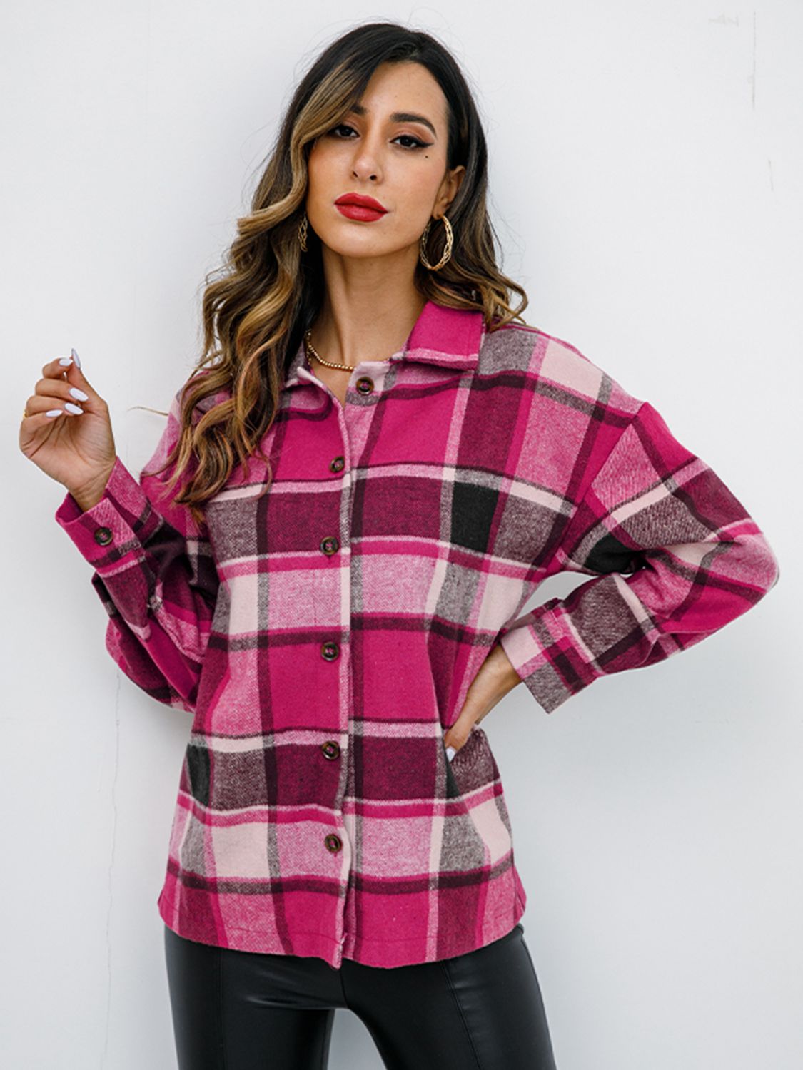 Plaid Button-Down Jacket Trendsi