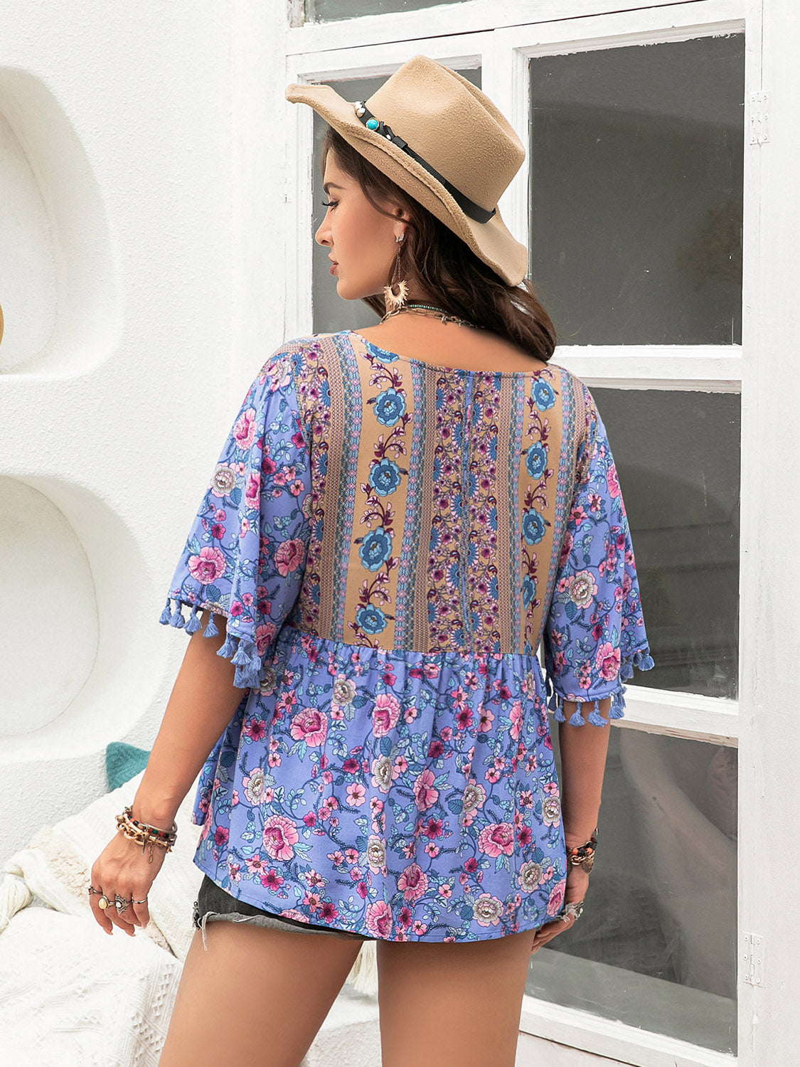 Plus Size Printed V-Neck Half Sleeve Blouse Trendsi