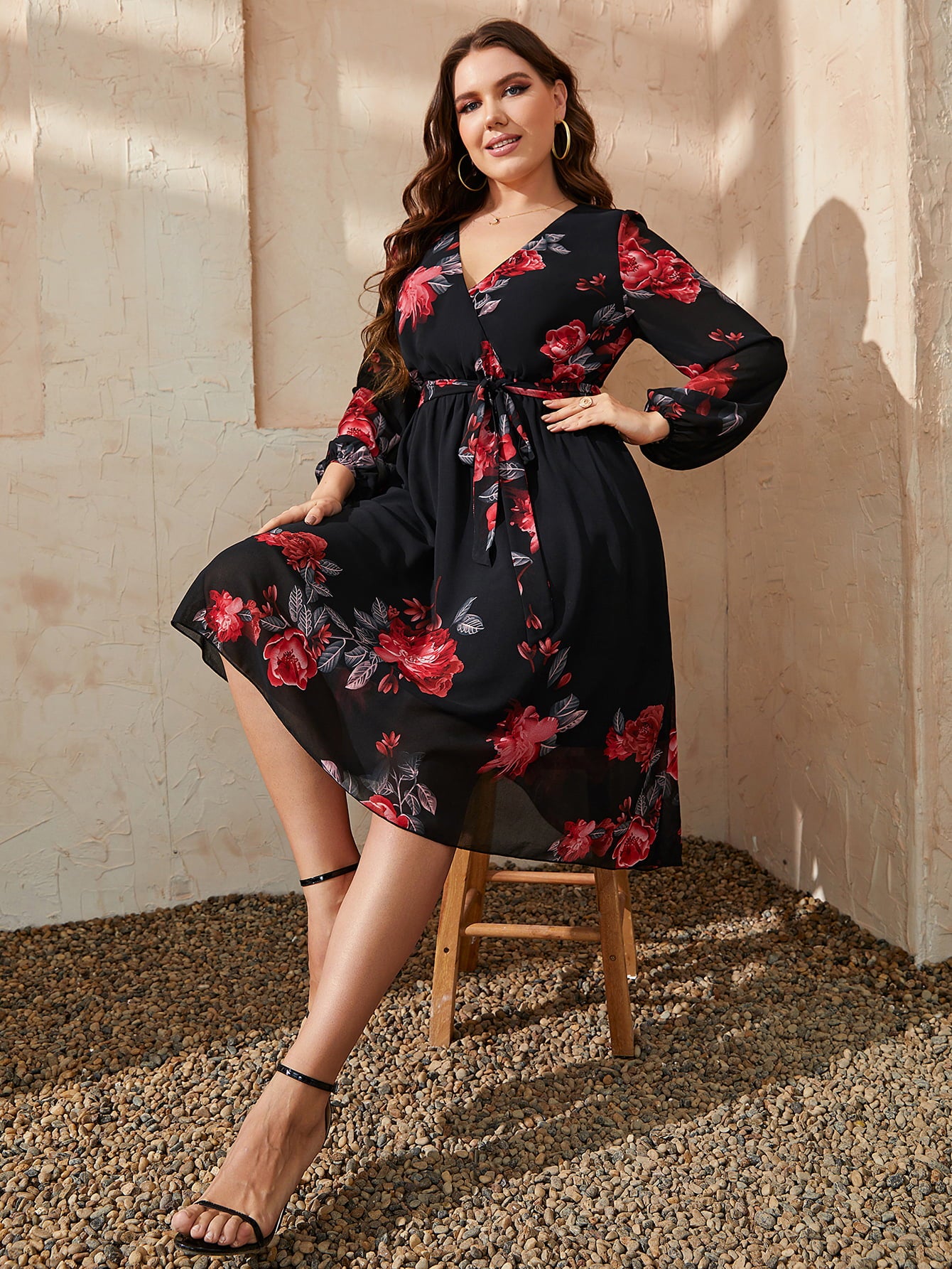 Plus Size Floral Surplice Neck Tie Waist Dress Trendsi
