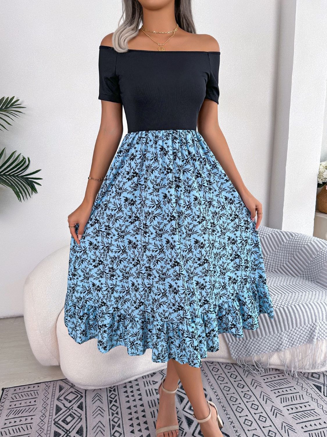 Printed Off-Shoulder Ruffle Hem Dress Trendsi