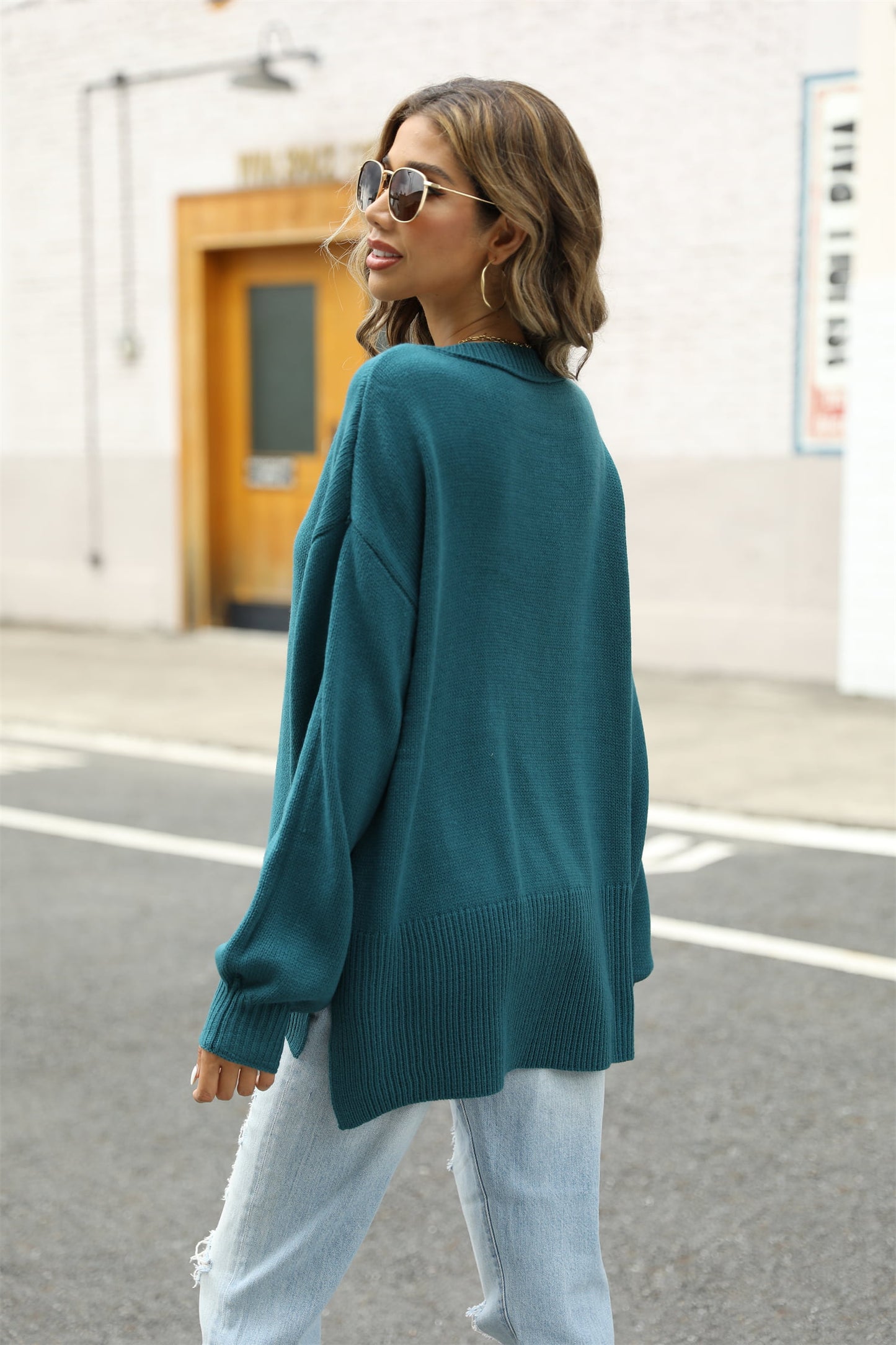 Round Neck Dropped Shoulder Slit Sweater Trendsi