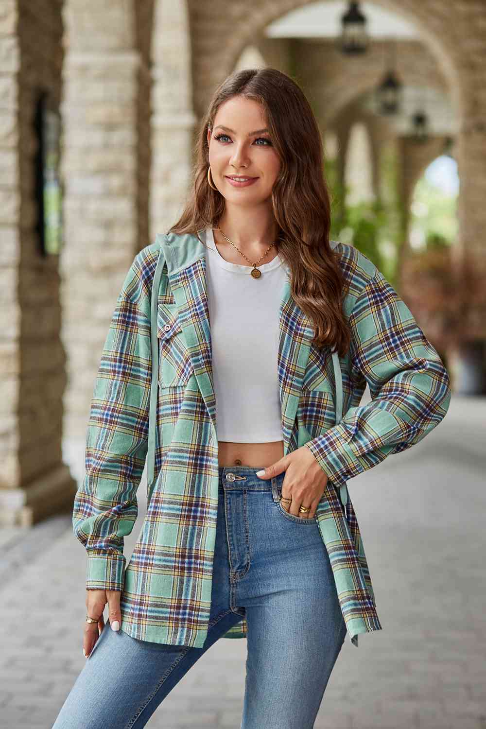 Plaid Long Sleeve Hooded Jacket Trendsi