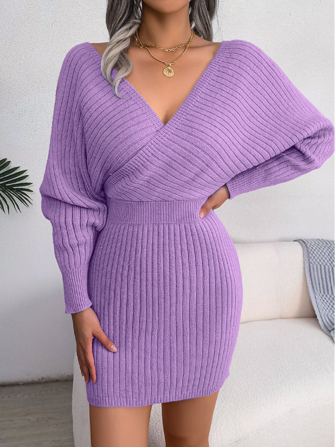 Rib-Knit Dolman Sleeve Sweater Dress Trendsi