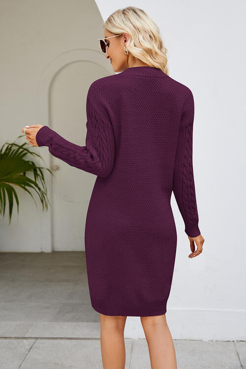 Cable-Knit Long Sleeve Sweater Dress Trendsi