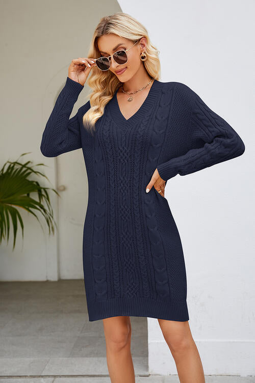 Cable-Knit Long Sleeve Sweater Dress Trendsi