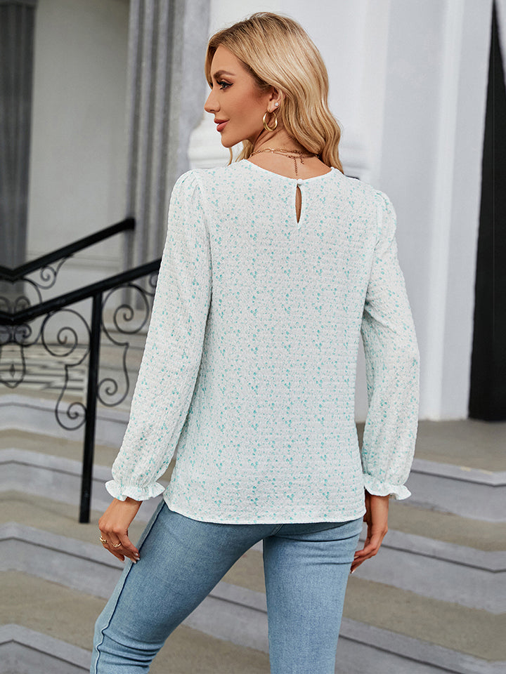 Printed Round Neck Flounce Sleeve Blouse Trendsi