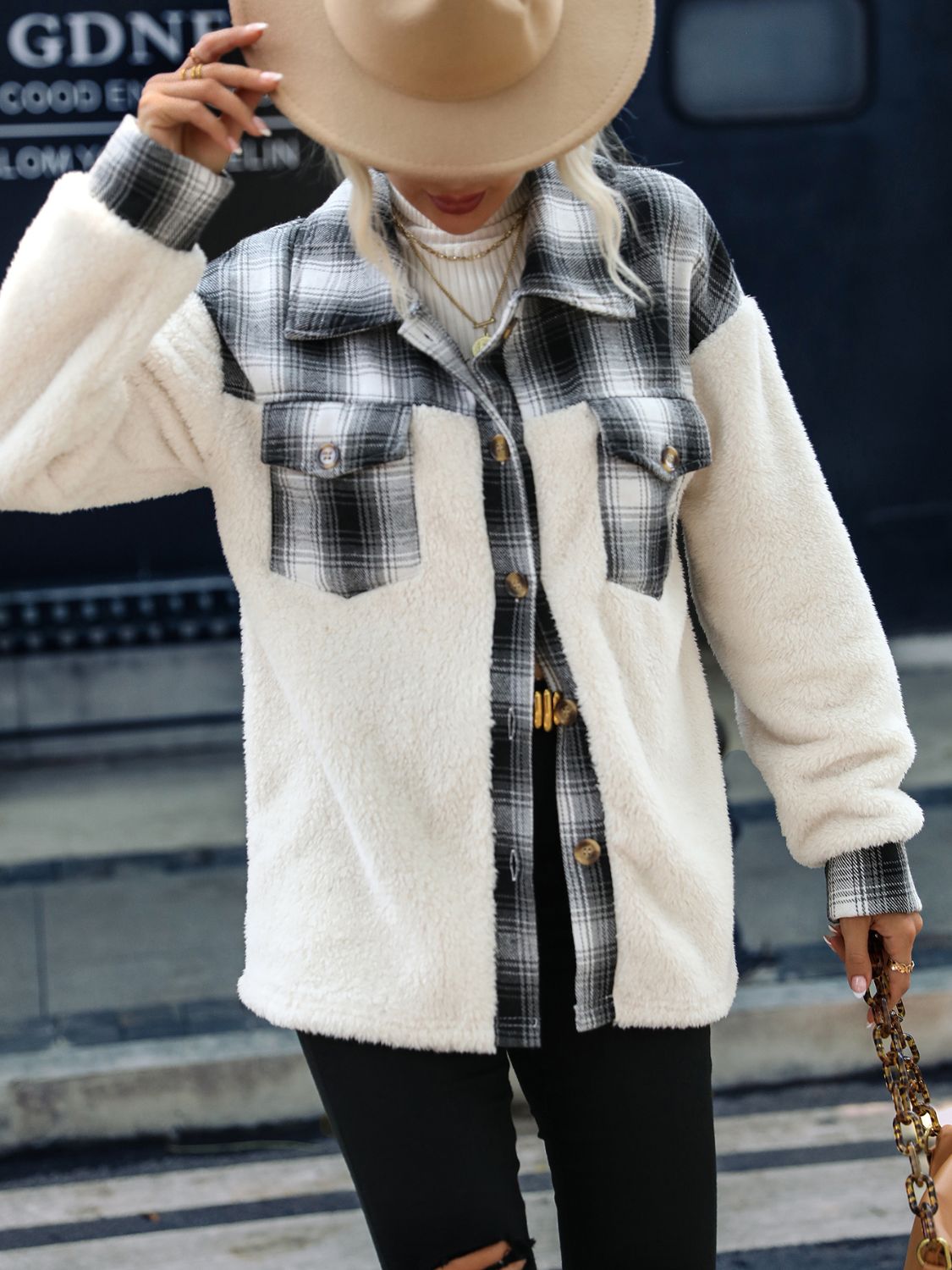Plaid Collared Neck Button Down Jacket Trendsi