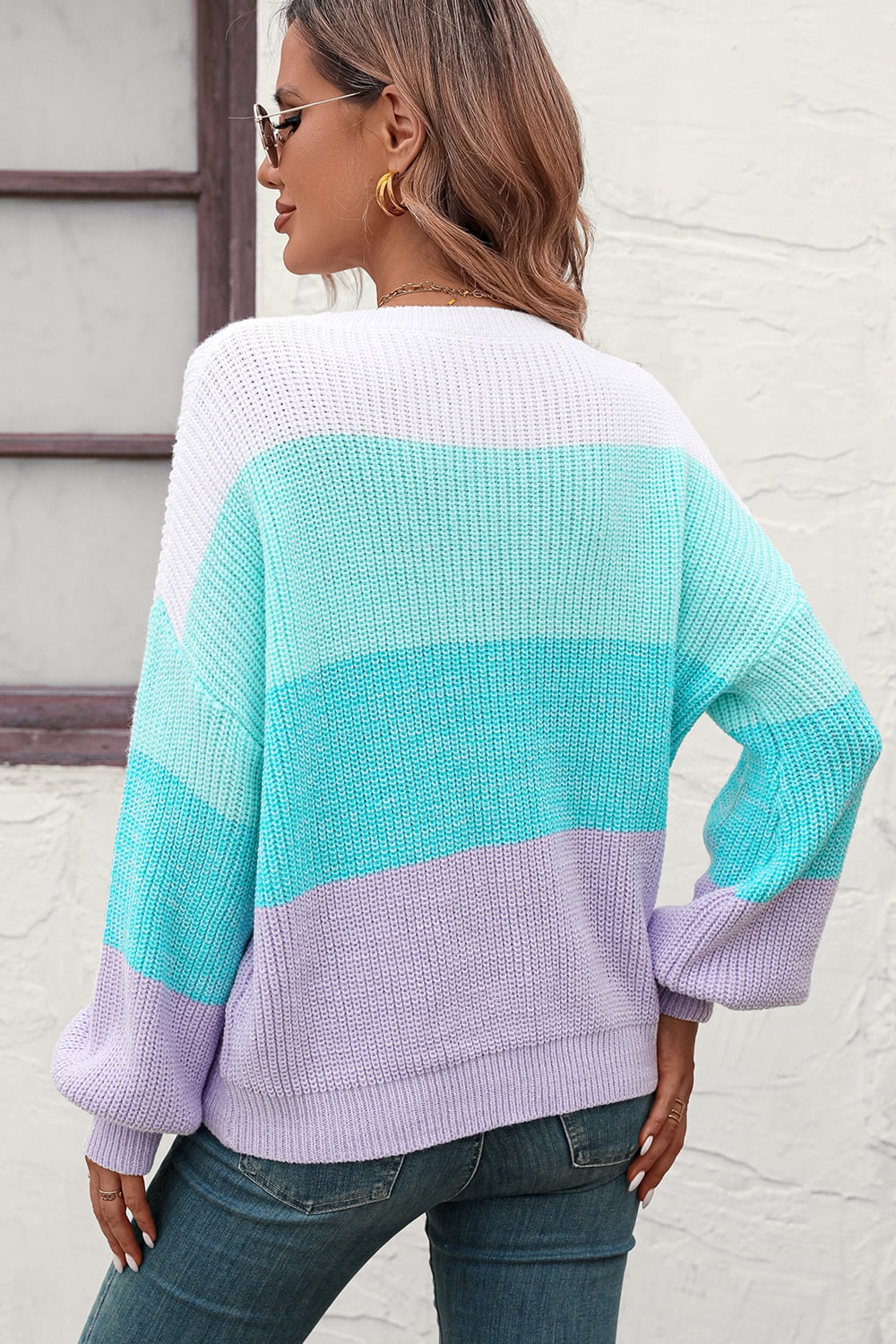 Round Neck Color Block Ribbed Pullover Sweater Trendsi