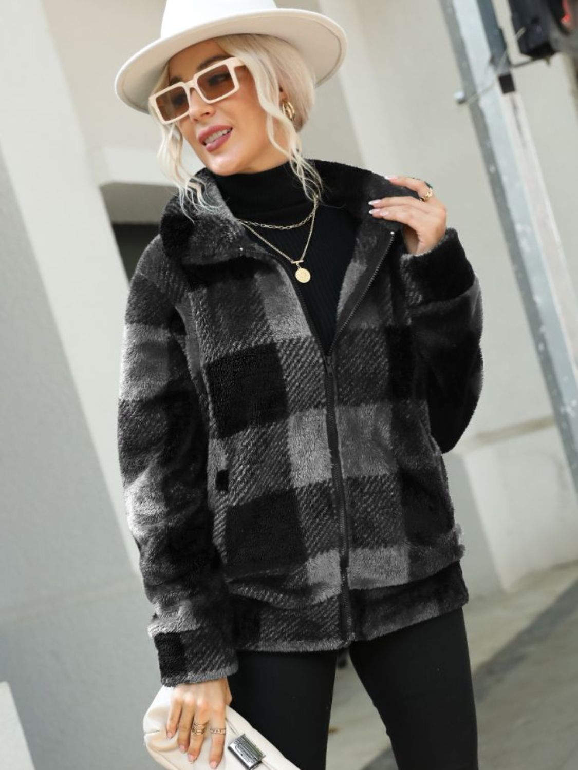 Plaid Zip-Up Collared Jacket Trendsi