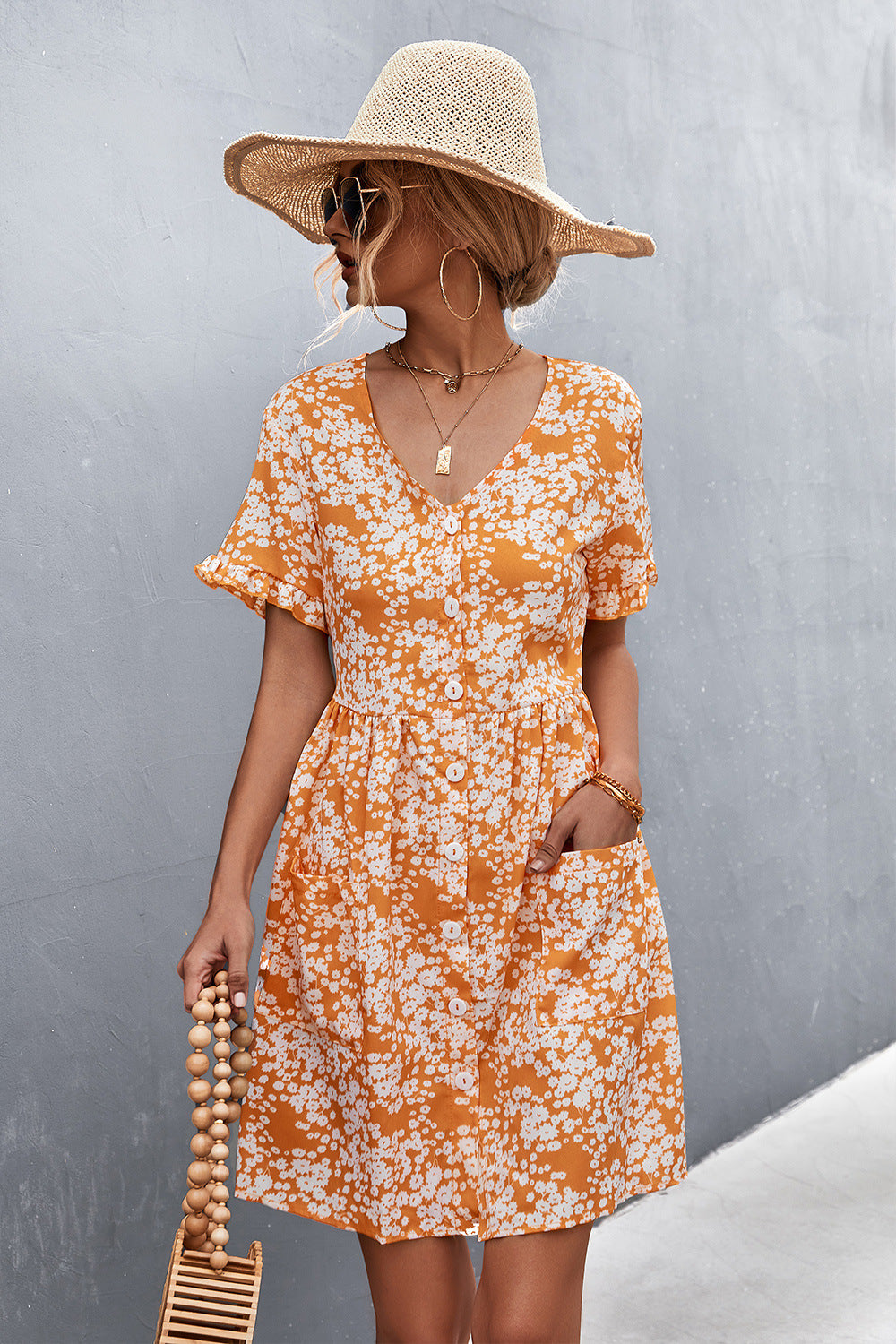 Printed Button down Pocketed Dress Trendsi