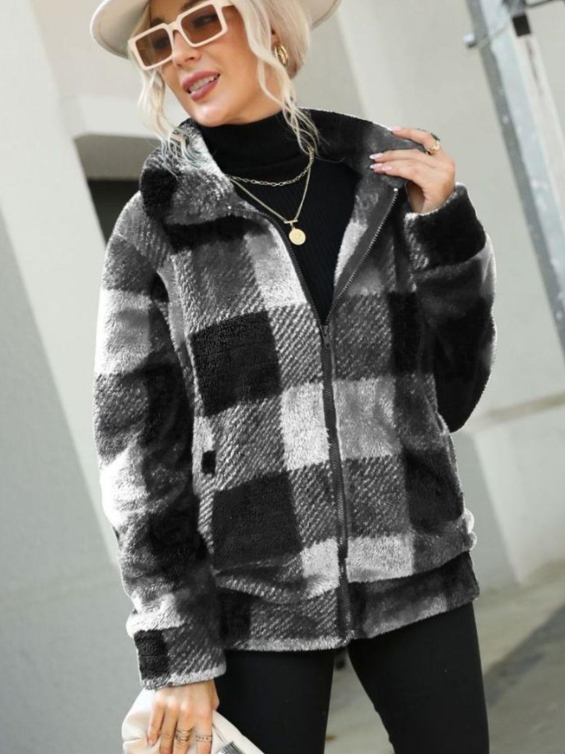 Plaid Zip-Up Collared Jacket Trendsi