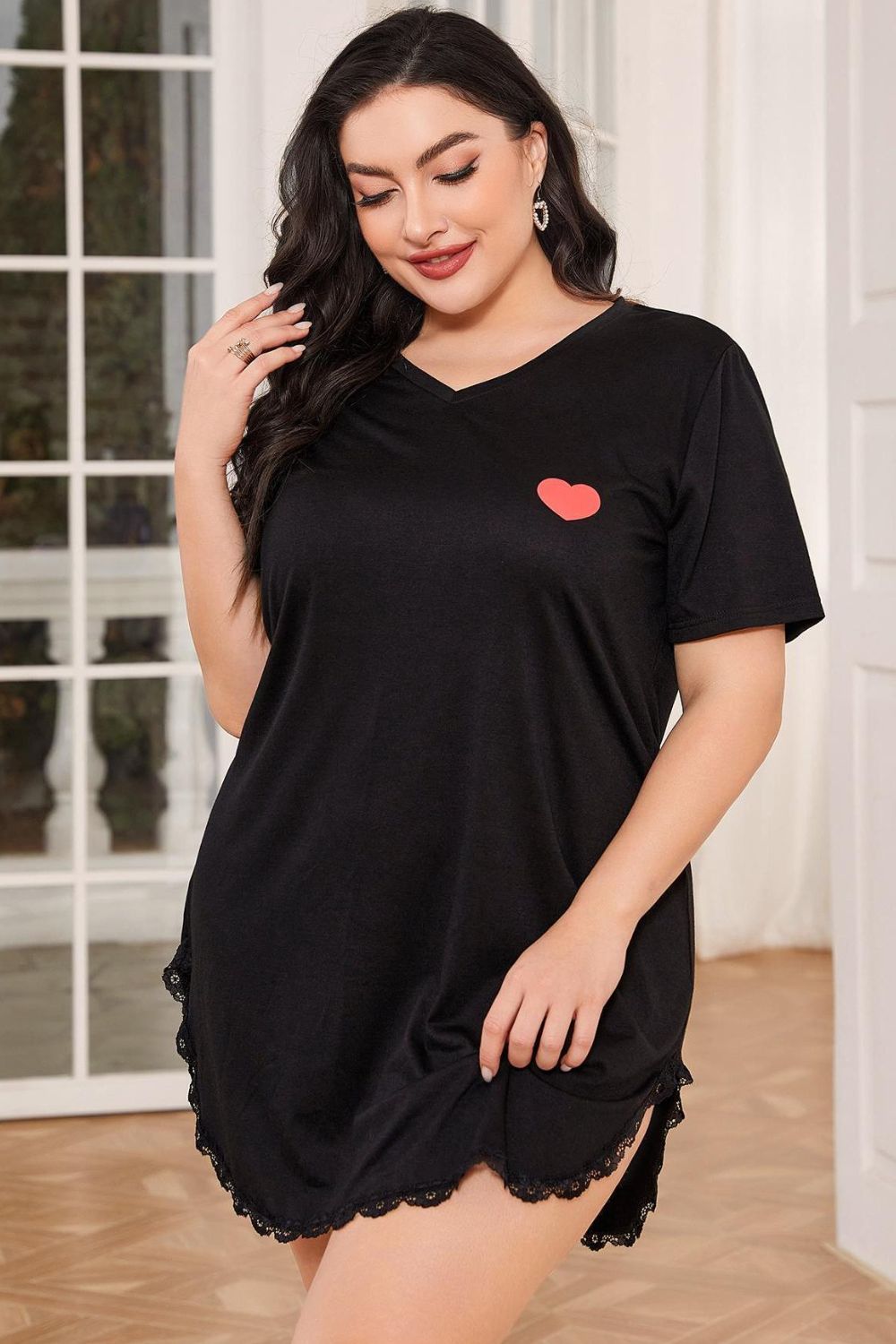 Plus Size Lace Trim V-Neck Short Sleeve Night Dress Trendsi
