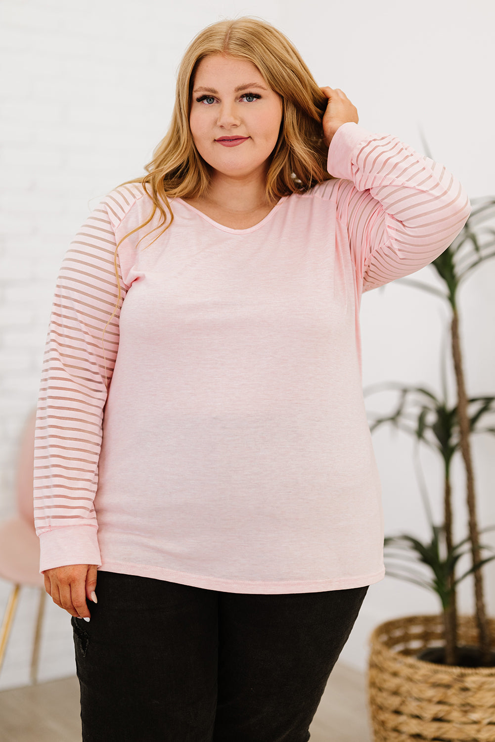 Plus Size Sheer Striped Sleeve V-Neck Top Trendsi