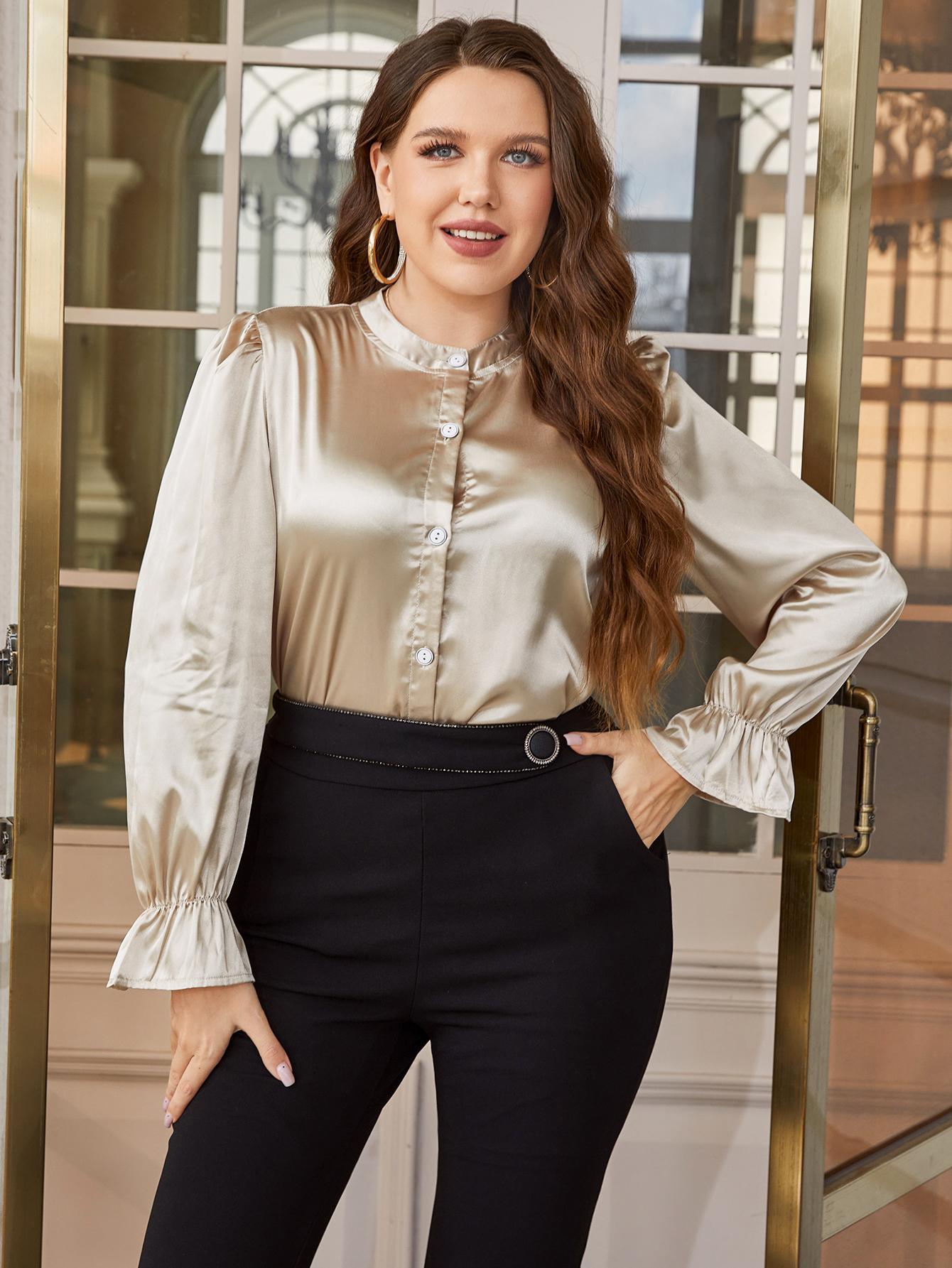 Plus Size Flounce Sleeve Band Collar Shirt Trendsi
