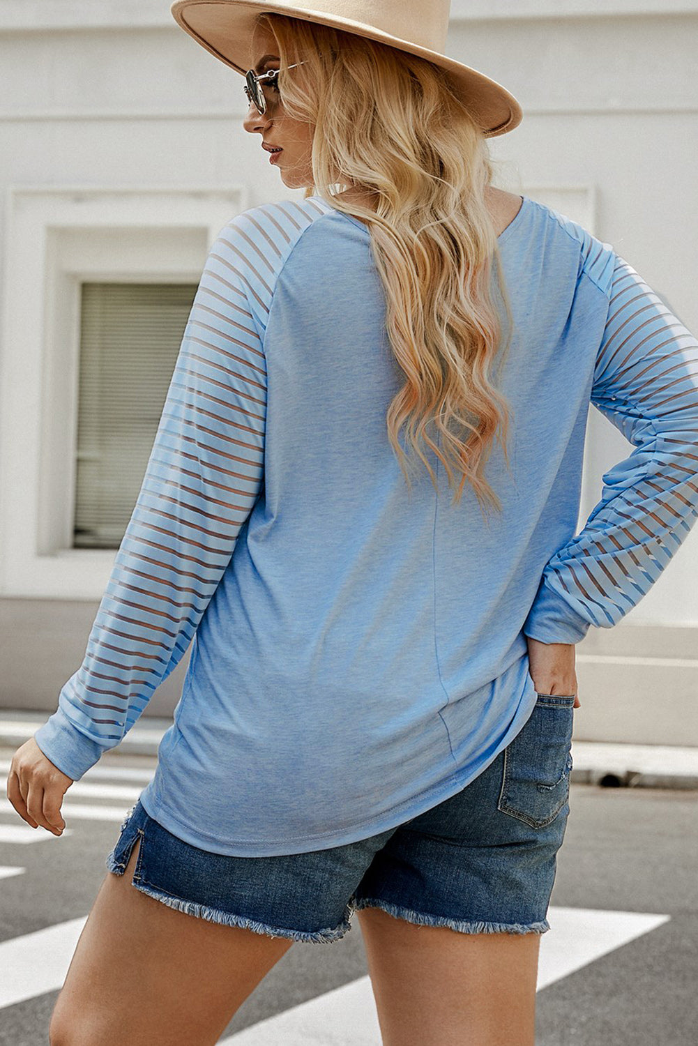 Plus Size Sheer Striped Sleeve V-Neck Top Trendsi