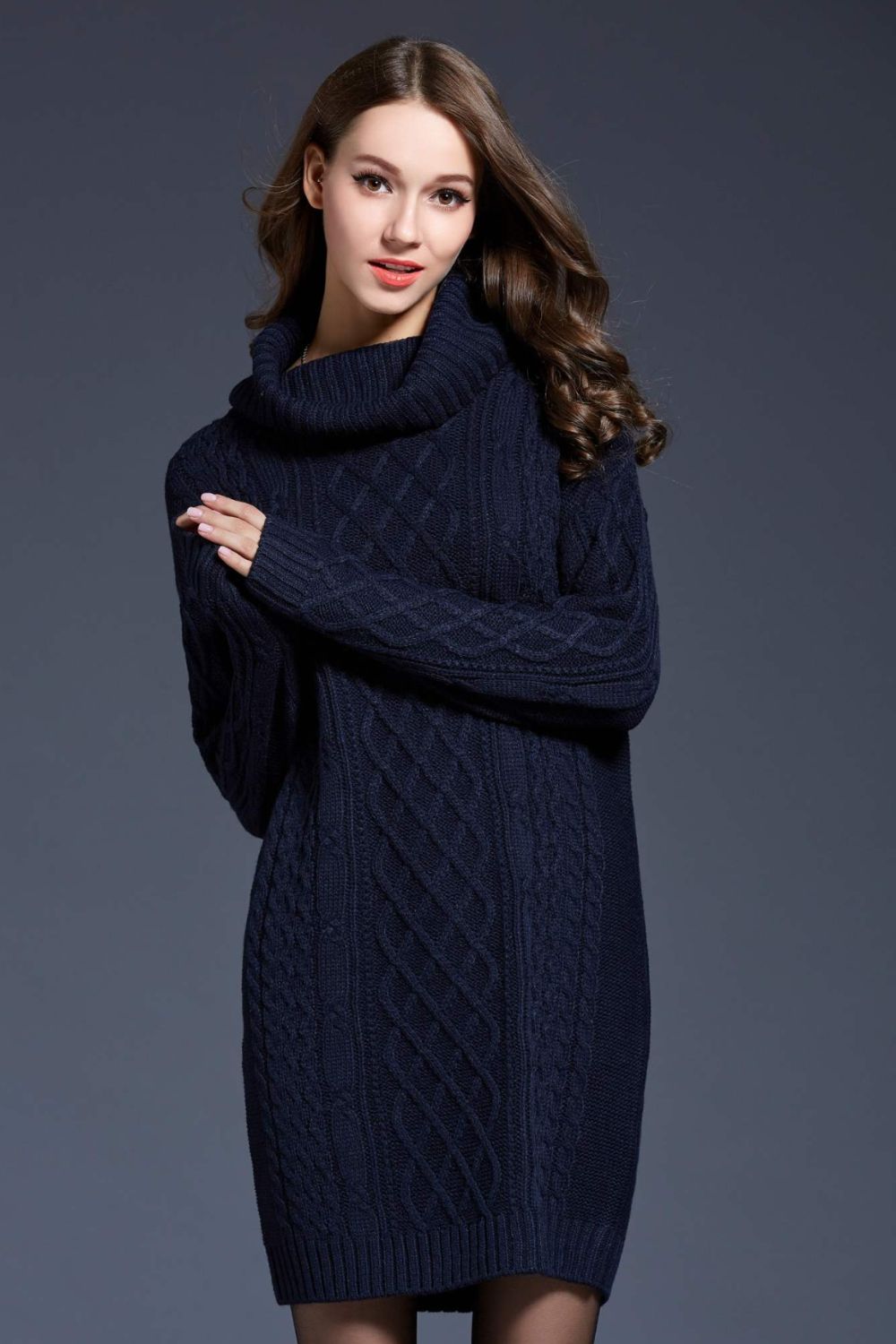 Woven Right Full Size Mixed Knit Cowl Neck Dropped Shoulder Sweater Dress Trendsi