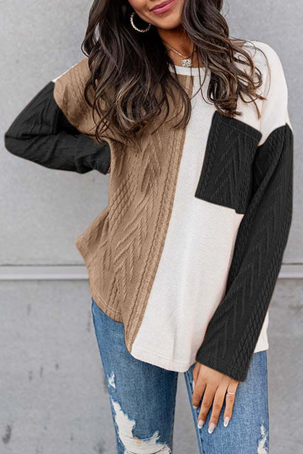 Full Size Color Block Cable-Knit Sweater Trendsi