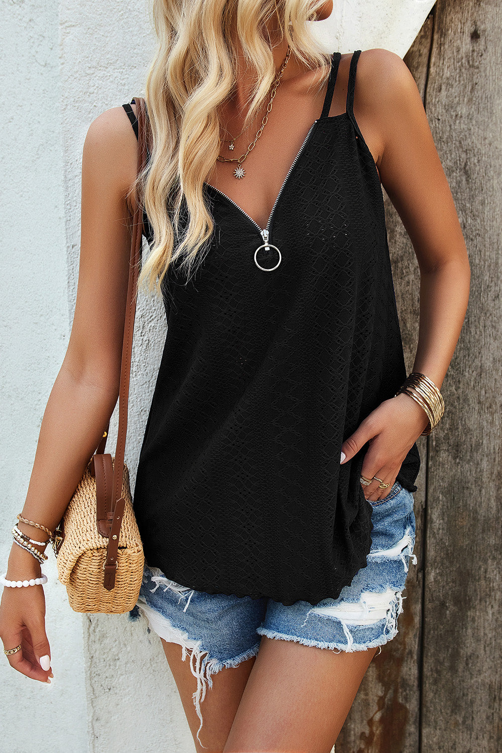Eyelet V-Neck Double Strap Cami Trendsi
