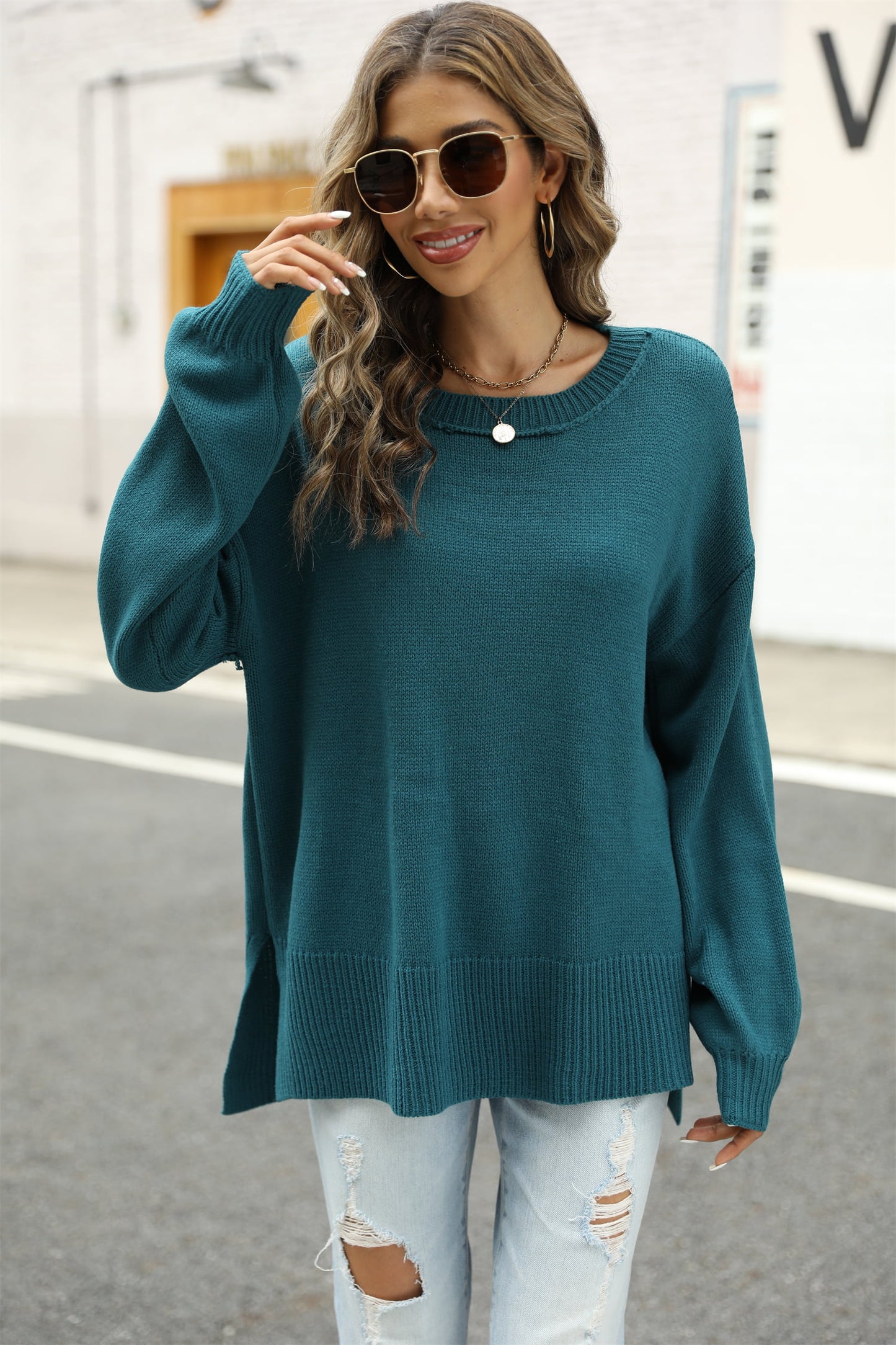 Round Neck Dropped Shoulder Slit Sweater Trendsi