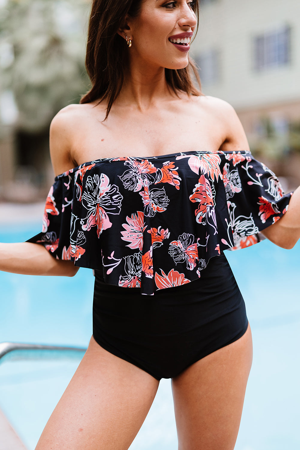 Two-Tone Off-Shoulder One-Piece Swimsuit Trendsi