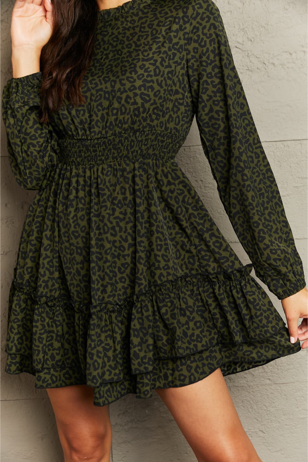 Leopard Smock Waist Long Sleeve Dress Trendsi