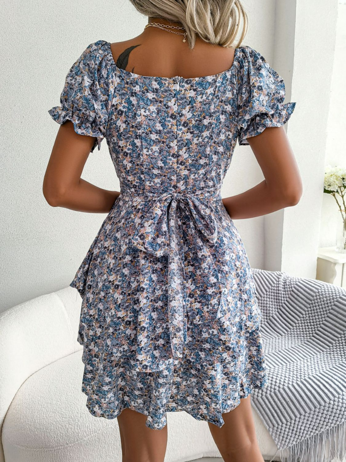 Floral Sweetheart Neck Flounce Sleeve Mini Dress Trendsi