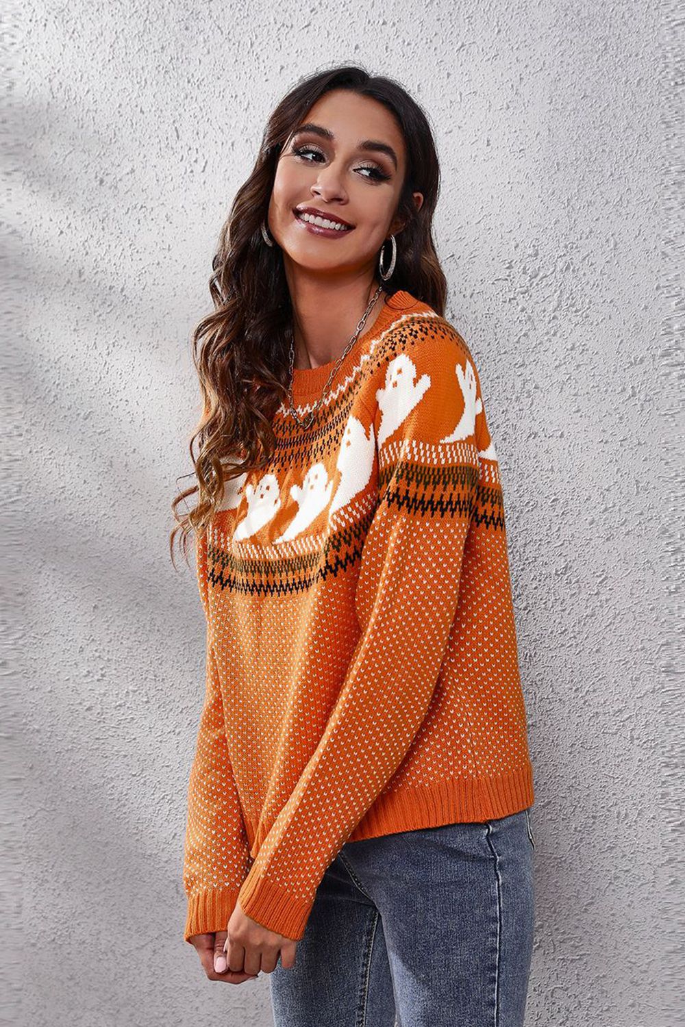 Ghost Pattern Round Neck Long Sleeve Sweater Trendsi
