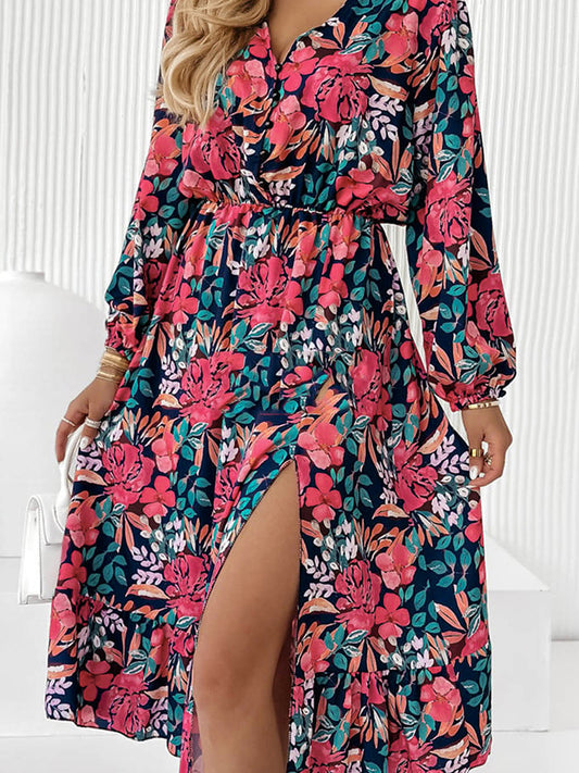 Printed Long Sleeve Slit Dress Trendsi