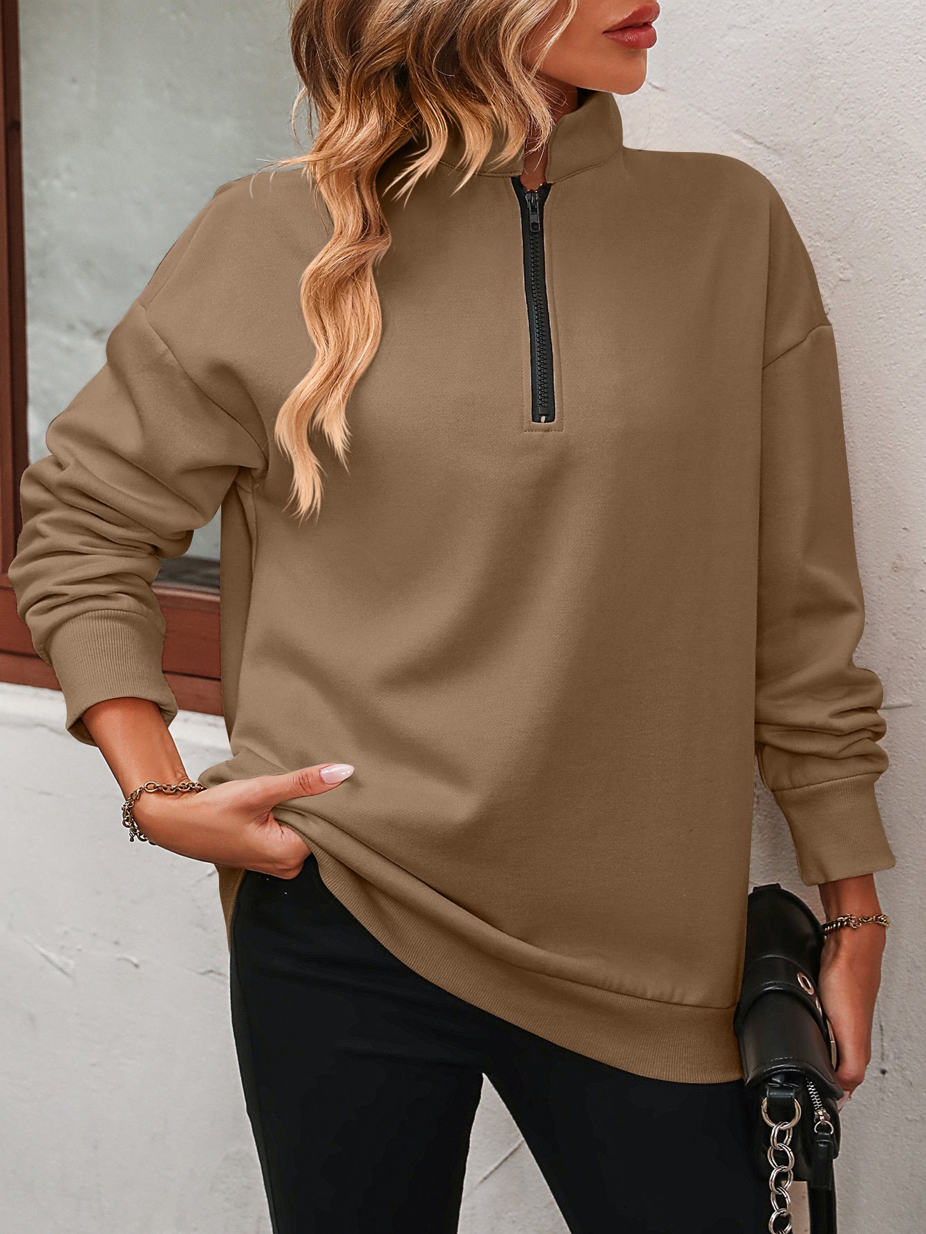 Zip-Up Dropped Shoulder Sweatshirt Trendsi