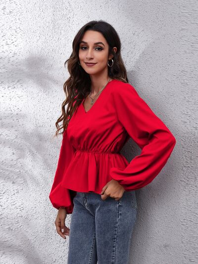 V-Neck Balloon Sleeve Peplum Blouse Trendsi