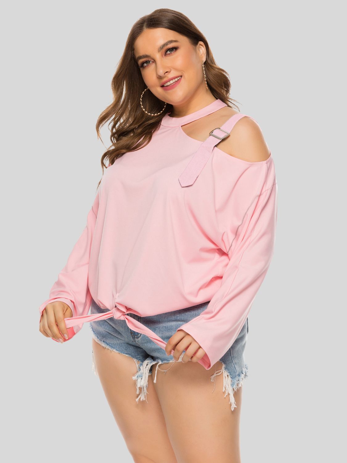 Plus Size Cold-Shoulder Tied Top Trendsi
