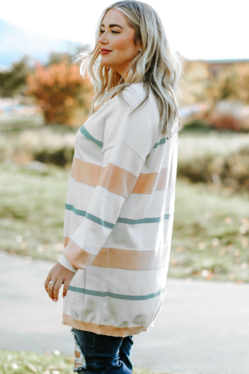 Plus Size Striped Open Front Cardigan Trendsi