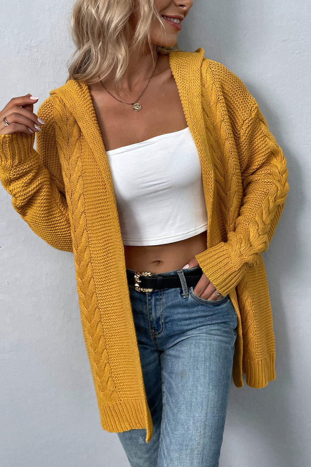 Cable-Knit Dropped Shoulder Hooded Cardigan Trendsi