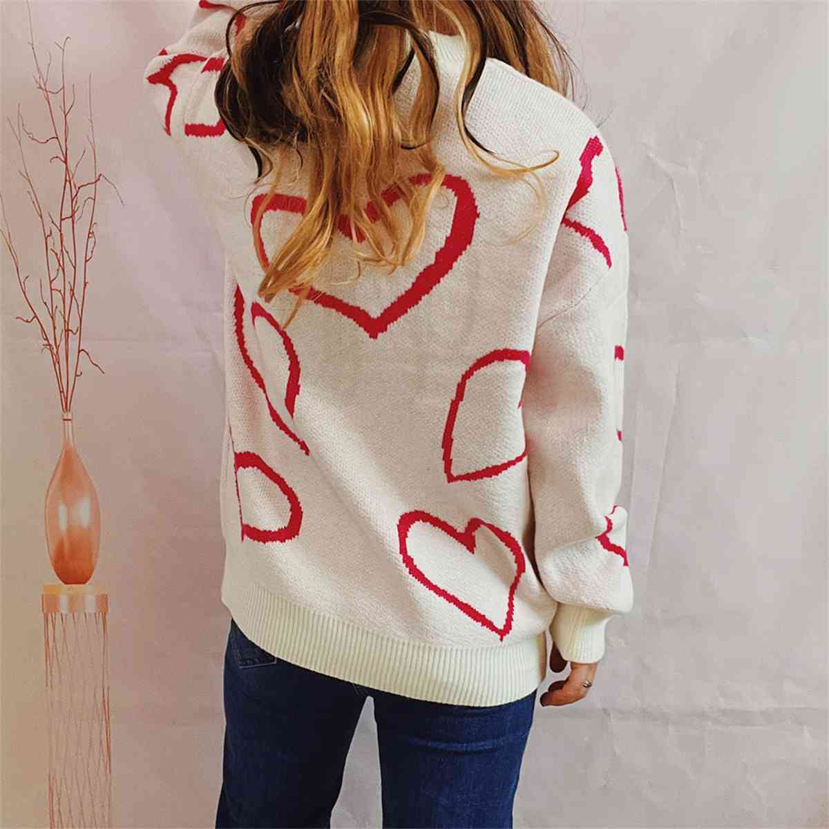 Heart Pattern Long Sleeve Sweater Trendsi