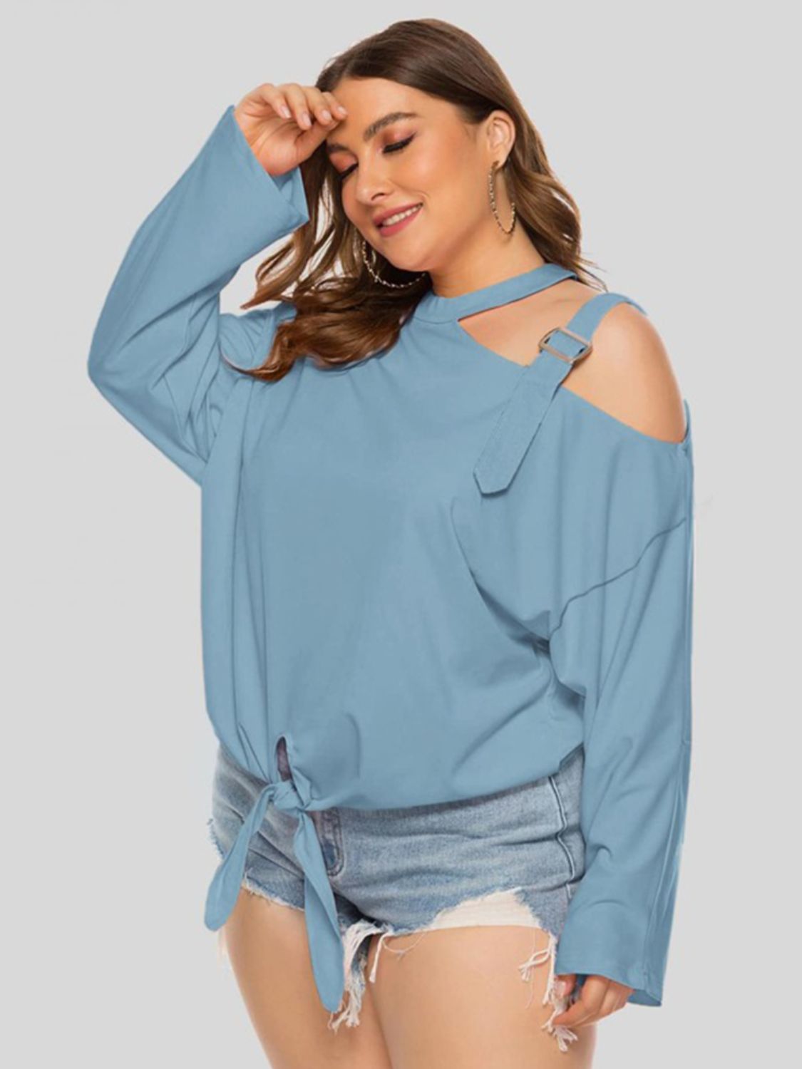 Plus Size Cold-Shoulder Tied Top Trendsi
