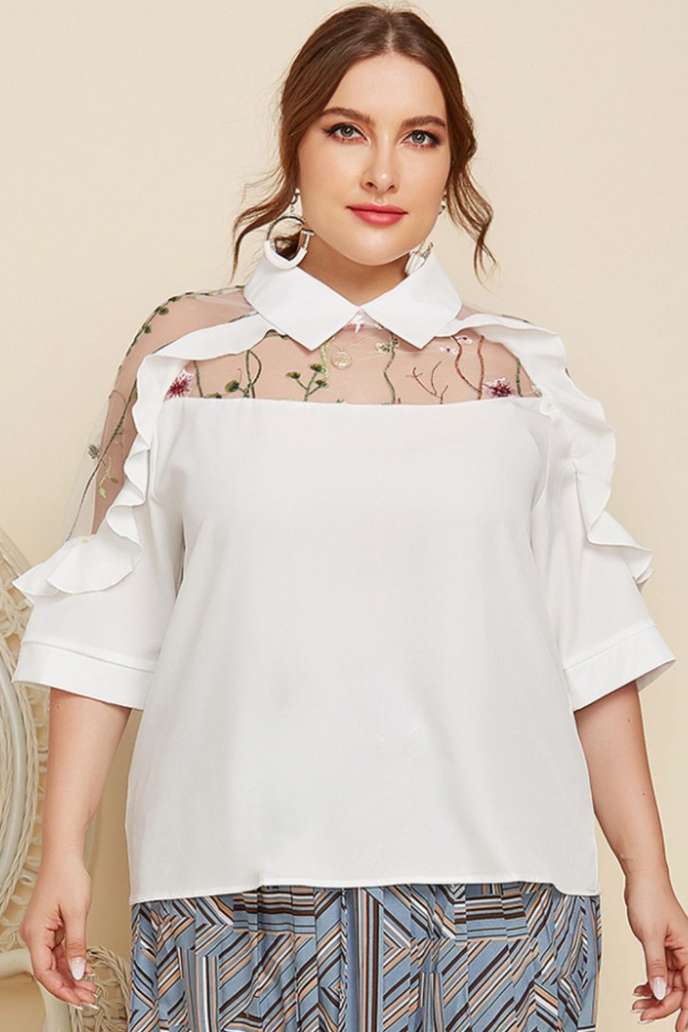 Plus Size Embroidered Ruffle Trim Collared Half Sleeve Blouse Trendsi