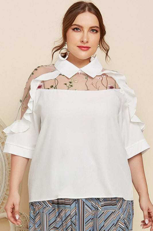Plus Size Embroidered Ruffle Trim Collared Half Sleeve Blouse Trendsi
