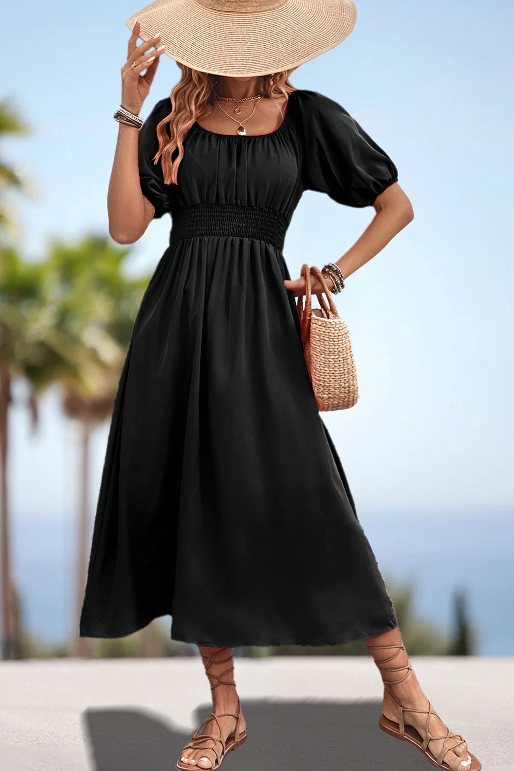Square Neck Smocked Waist Puff Sleeve Midi Dress Trendsi