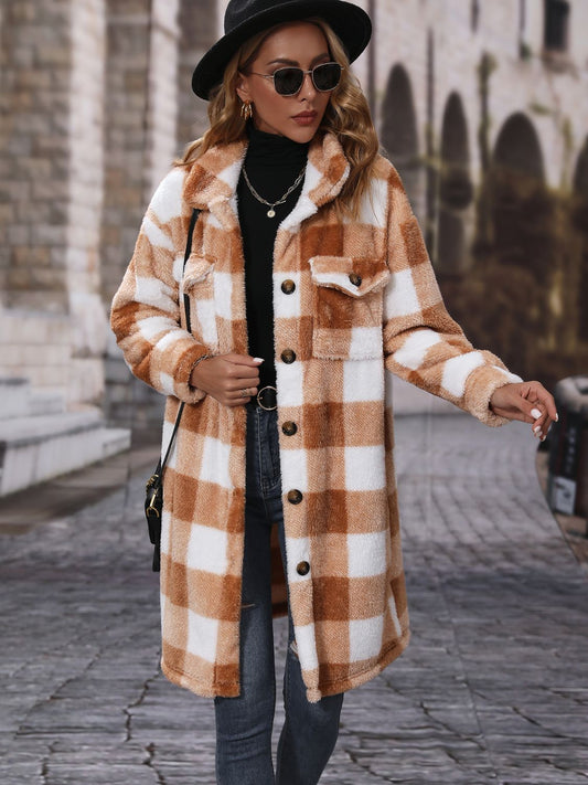 Plaid Collared Neck Button Down Coat Trendsi