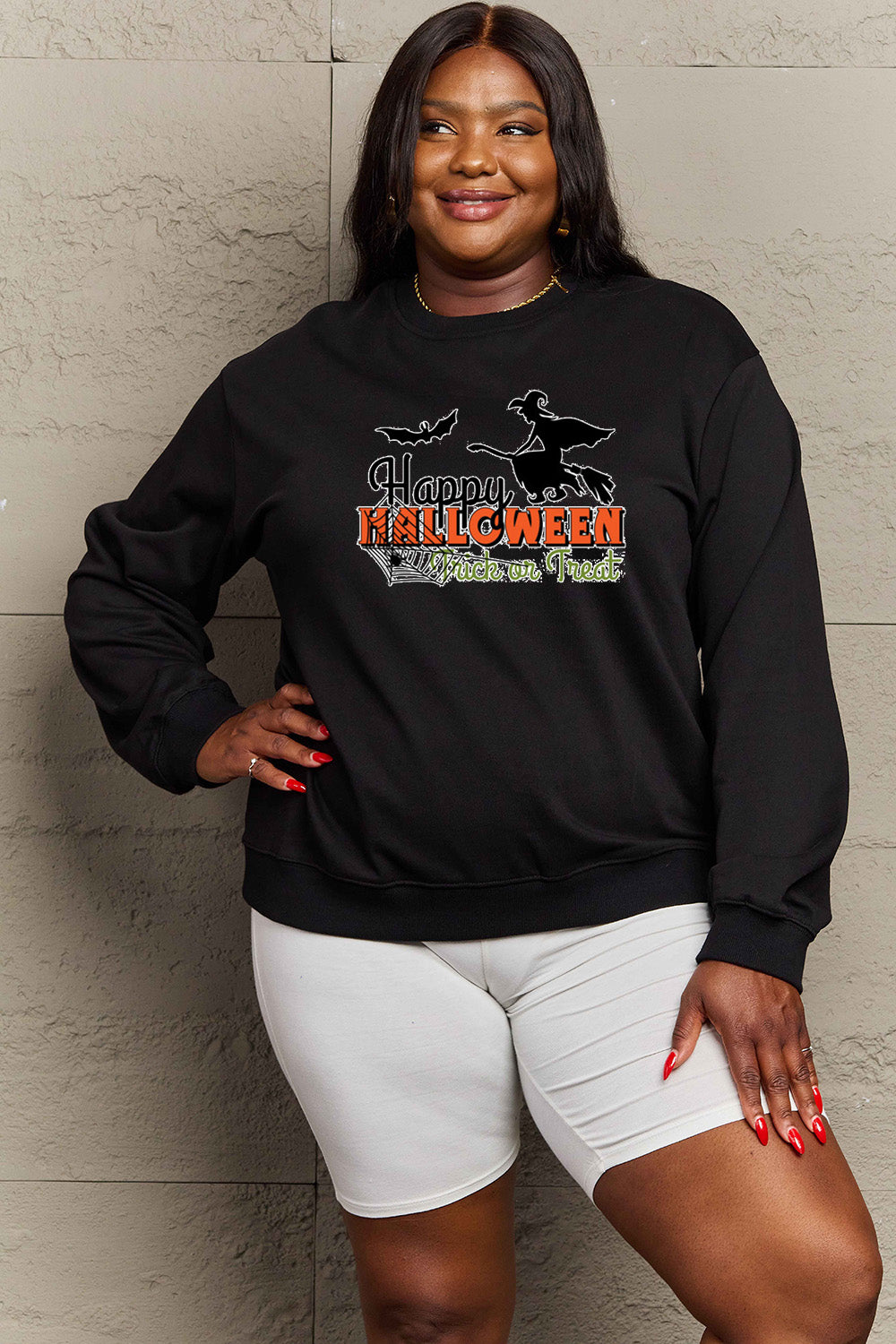 Simply Love Full Size HAPPY HALLOWEEN TRICK OR TREAT Graphic Sweatshirt Trendsi