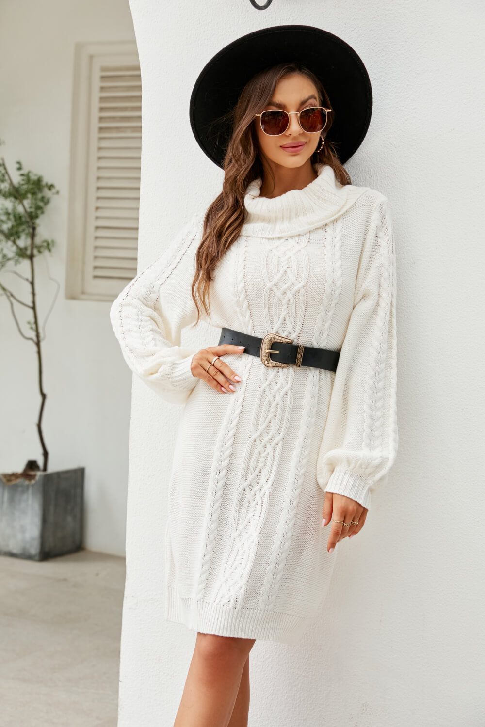 Woven Right Mixed Knit Turtleneck Lantern Sleeve Sweater Dress Trendsi