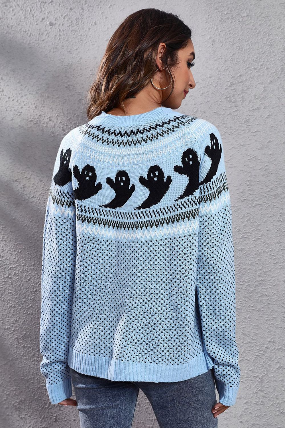 Ghost Pattern Round Neck Long Sleeve Sweater Trendsi