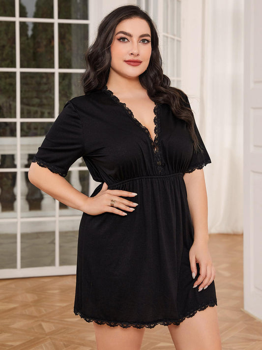 Plus Size Lace Trim Deep V Night Dress Trendsi