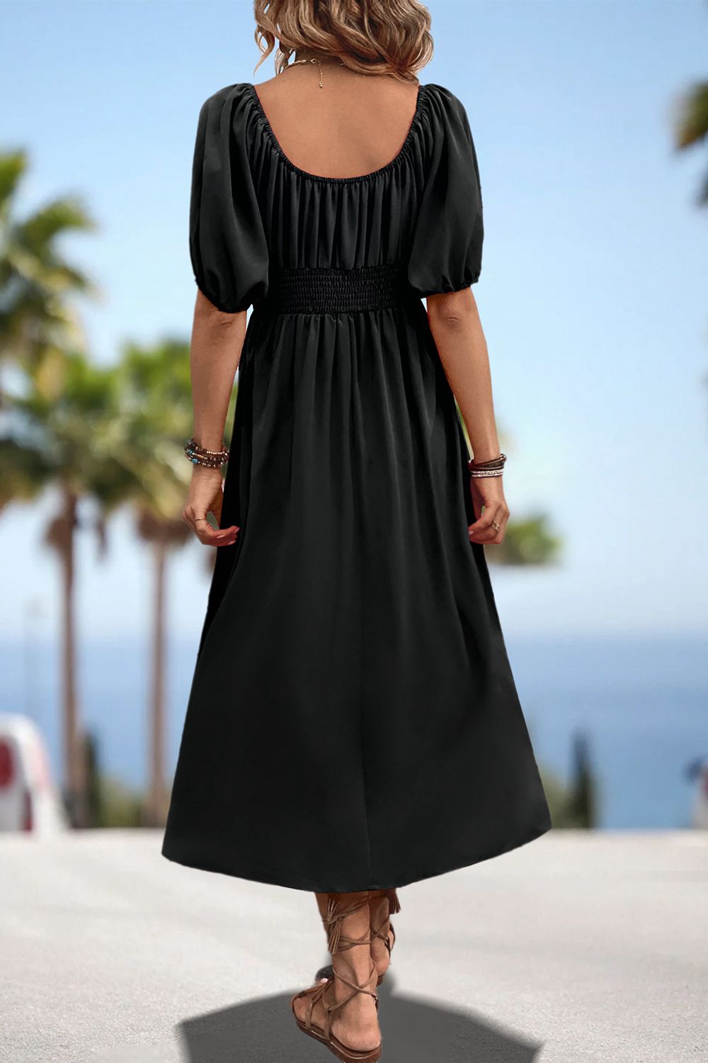 Square Neck Smocked Waist Puff Sleeve Midi Dress Trendsi