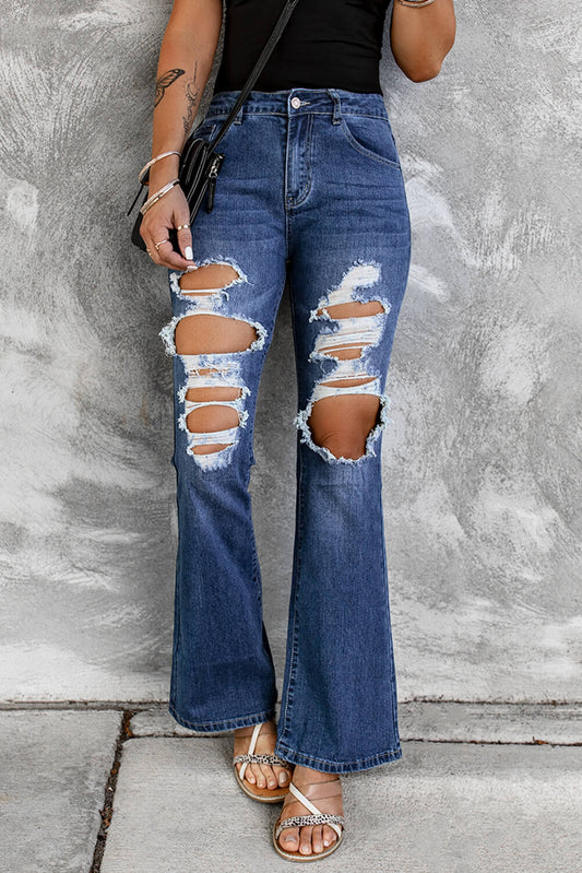 Baeful Distressed High Waist Flare Jeans Trendsi