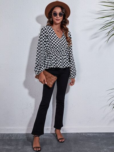 Checkered V-Neck Balloon Sleeve Peplum Blouse Trendsi
