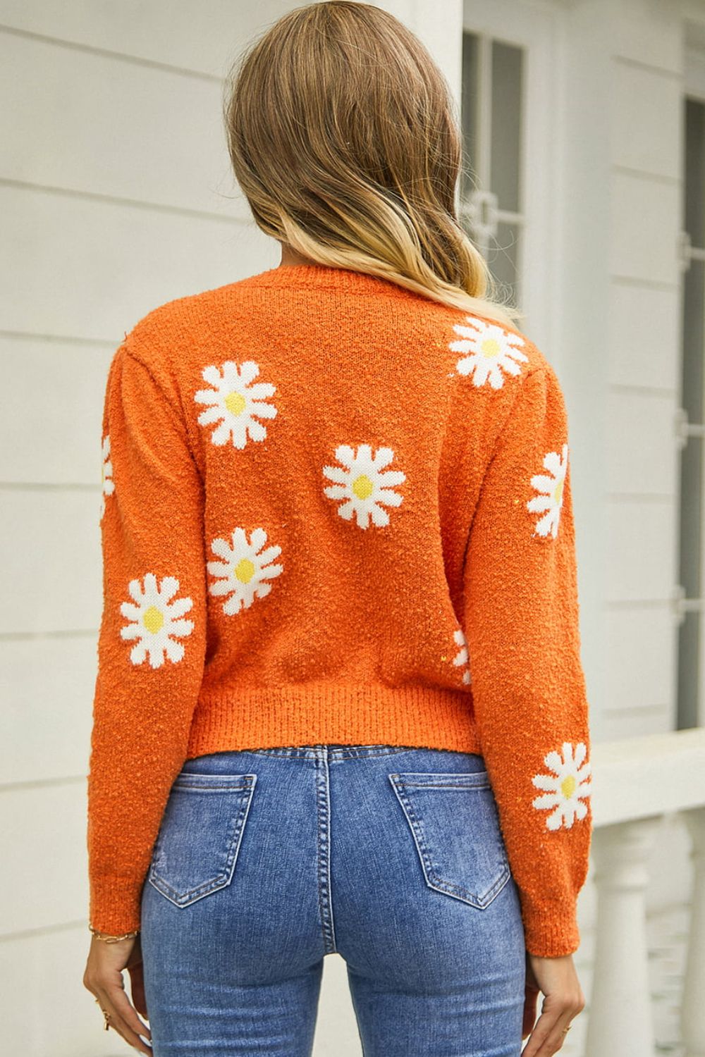 Flower Pattern Round Neck Short Sleeve Pullover Sweater Trendsi