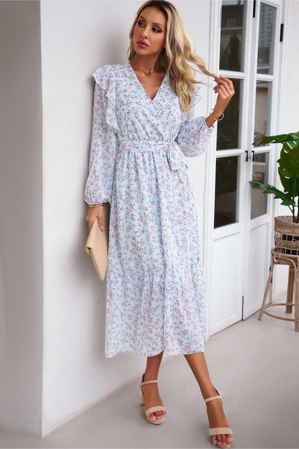 Surplice Neck Balloon Sleeve Midi Dress Trendsi