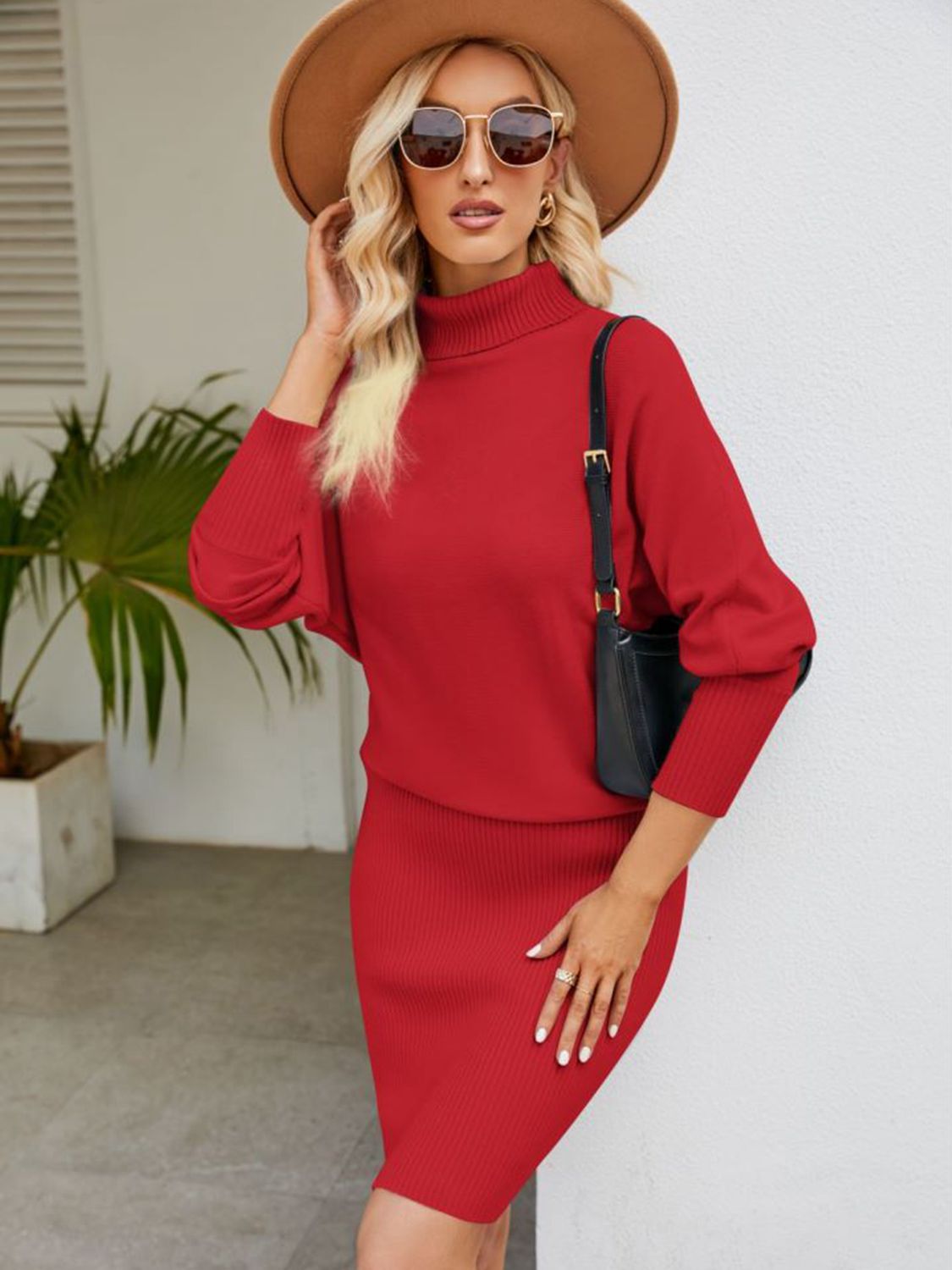 Turtle Neck Long Sleeve Ribbed Sweater Dress Trendsi