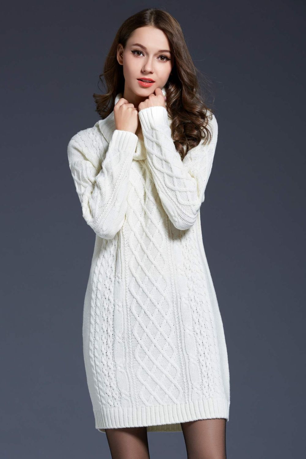 Woven Right Full Size Mixed Knit Cowl Neck Dropped Shoulder Sweater Dress Trendsi